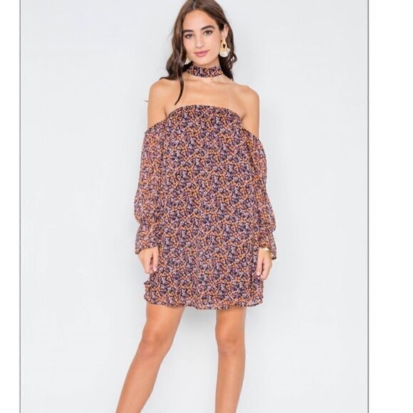 Lulu's En Creme Off The Shoulder Strappy Cage Back Long Sleeve Choker Neck Dress - Picture 2 of 6